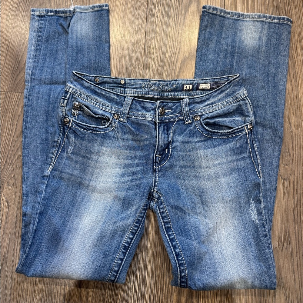 Miss Me Blue Straight Leg Jeans with Black Embellishments - Picture 3 of 4